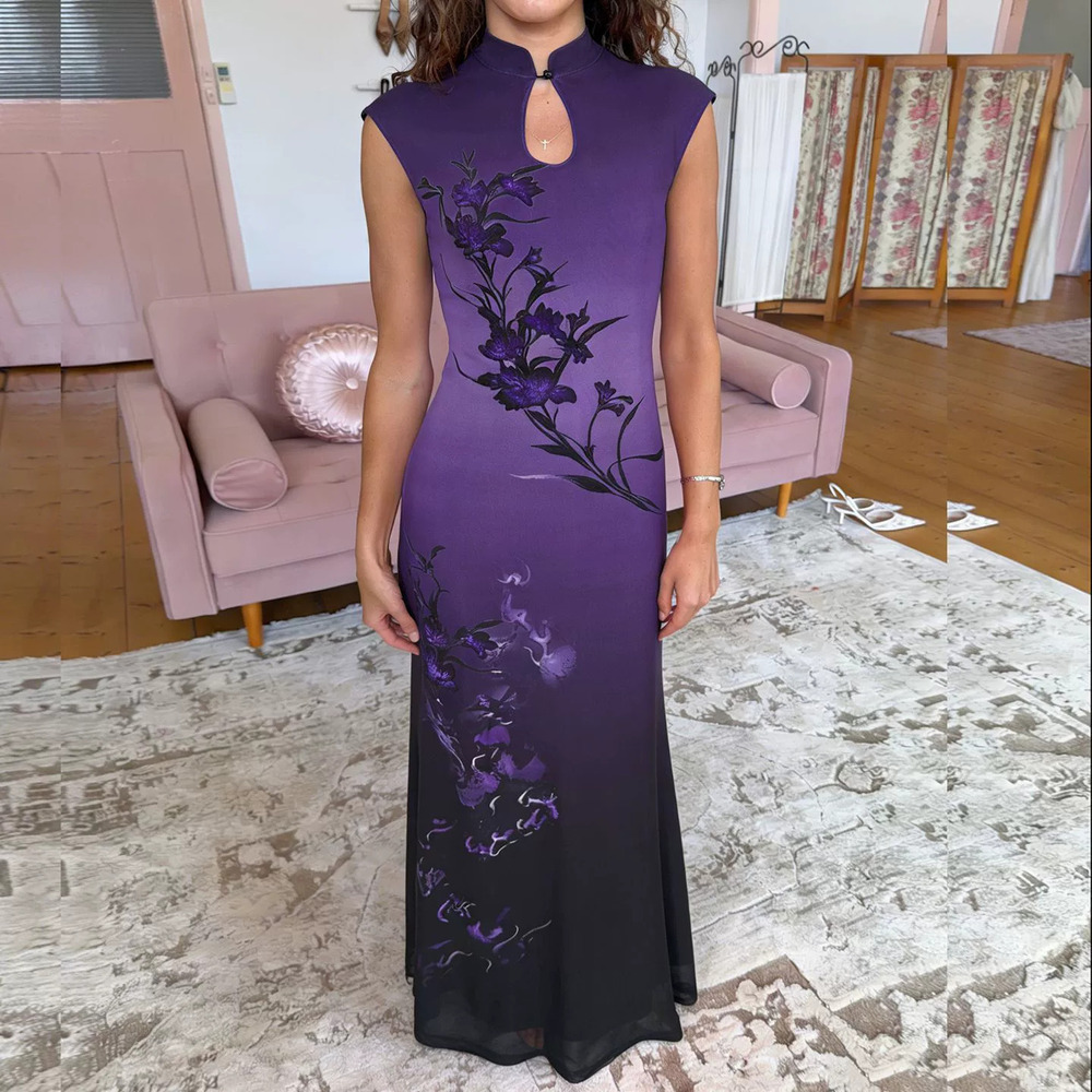 Zara Purple Botanical Cutout Stand Collar Qipao